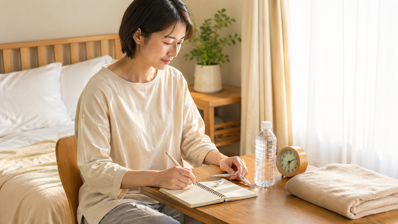 新型コロナワクチン接種後の体温と症状を記録する女性