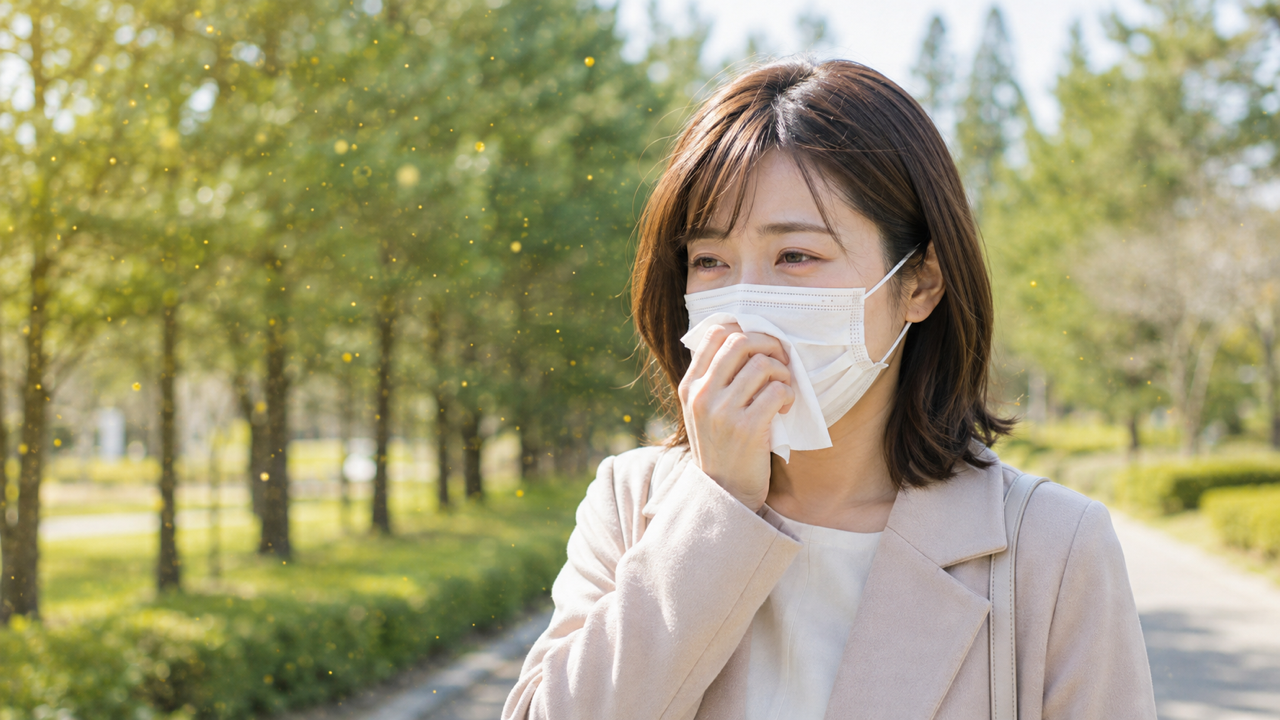花粉の季節にマスクとティッシュを使う女性
