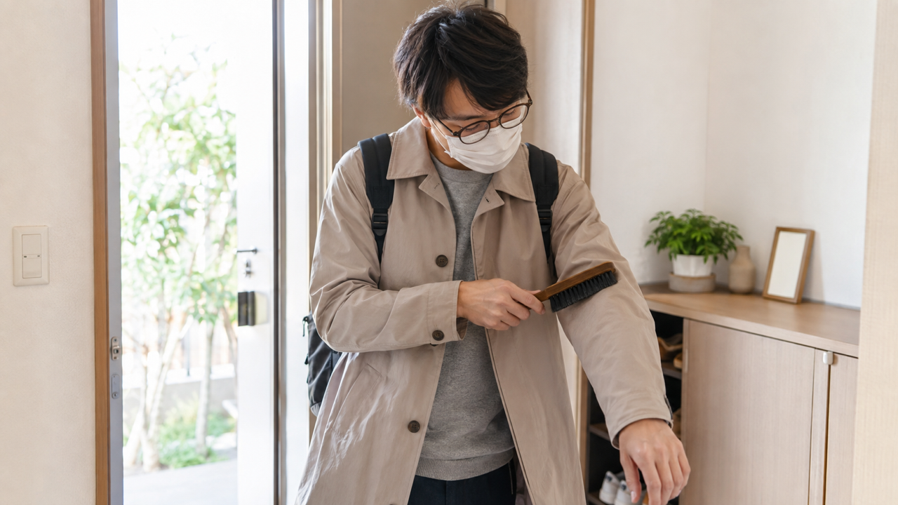 帰宅時に上着から花粉を払い落とす男性