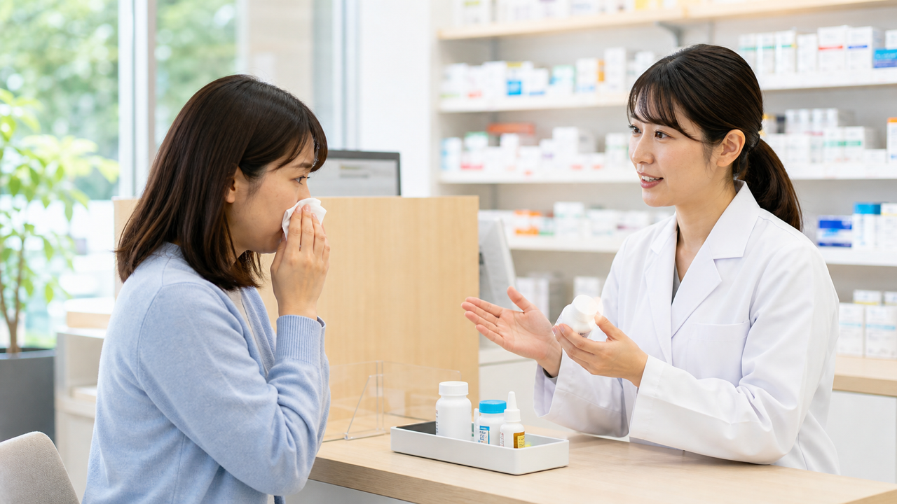 花粉症の薬について薬剤師へ相談する女性