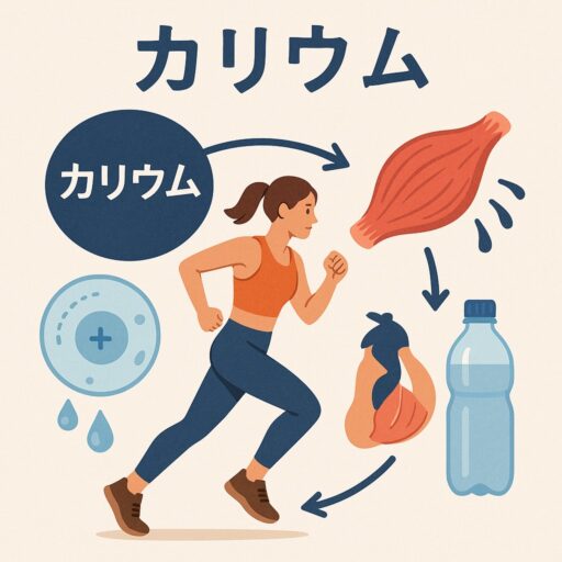 運動中の女性と筋肉、水分補給、カリウムの関係を示すイラスト