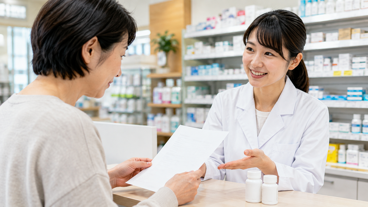 服薬とサプリメントについて薬剤師に相談する様子