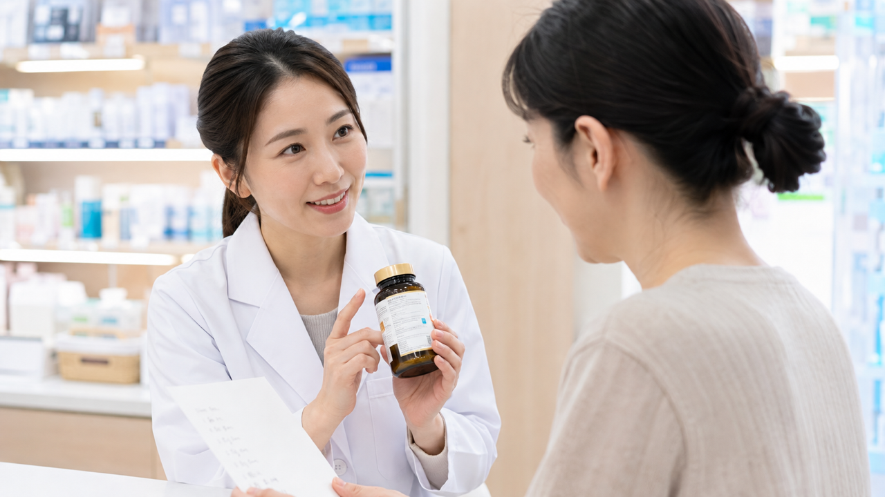 サプリメントの表示を見ながら薬剤師に相談する女性