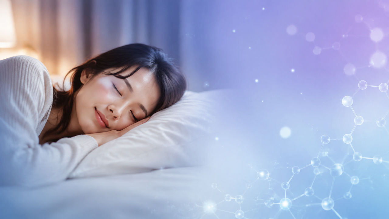 穏やかに眠る女性と分子をイメージしたグリシン・イノシトールの記事画像