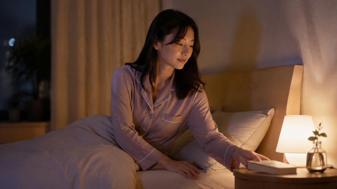 照明を落として就寝準備をする女性