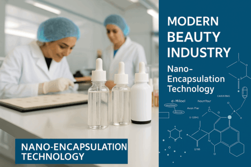 ナノカプセル化技術を用いた化粧品研究を行う白衣姿の研究者と、Modern BeautyおよびNano-Encapsulation Technologyの表示