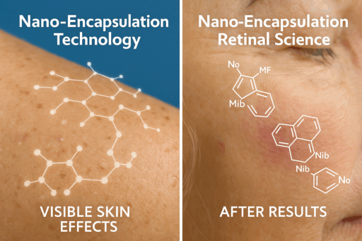 ナノカプセル化されたレチナールを肌に適用した効果を示す比較画像。Nano-Capsulation TechnologyとEncapsulated Retinalの表示付き。