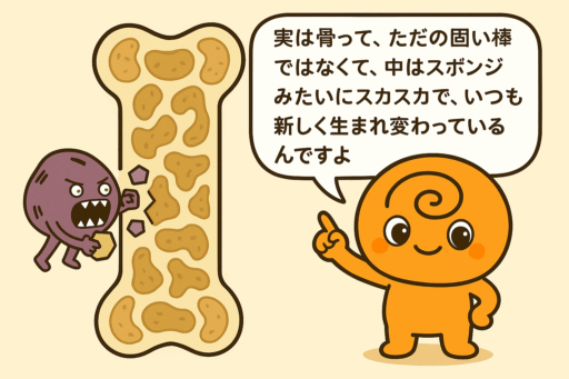 うずまきぱんキャラクターが骨の中の仕組みを解説しているイラスト。骨の中がスポンジ状で、破骨細胞が古い骨を壊している様子。