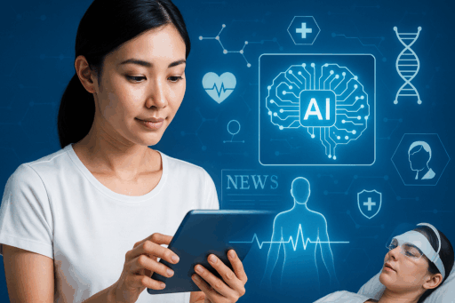 タブレットを操作する女性とAI・健康管理・DNAなどのデジタルアイコン、横たわる人物のイメージ（AIヘルスケアと次世代美容技術の概念）