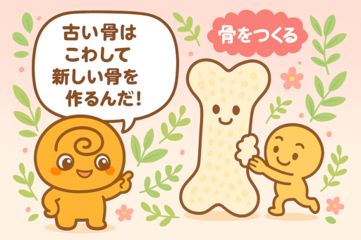 うずまきぱんキャラクターと骨芽細胞風のキャラが、笑顔の骨を作っている様子を描いたイラスト。「古い骨はこわして新しい骨を作るんだ！」という吹き出し付き。
