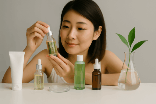 植物由来の美容液を手に取り見つめる女性と並べられたナチュラルコスメのボトル（オーガニックスキンケアのイメージ）