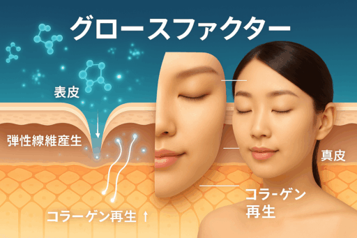 グロースファクターによるコラーゲン再生と弾性線維産生を示す肌断面図と女性の顔のイメージ（エイジングケアのメカニズム説明）