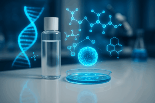 BIOとラベルされた化粧品ボトルとDNA・細胞・分子構造のデジタルイメージ（先端技術によるバイオコスメのイメージ）