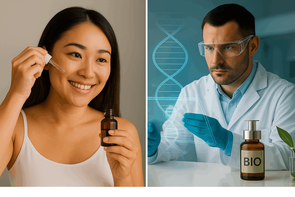 美容液を使う中年女性と、DNA構造を背景にバイオ化粧品を研究する科学者の対比イメージ（先進エイジングケアの象徴）