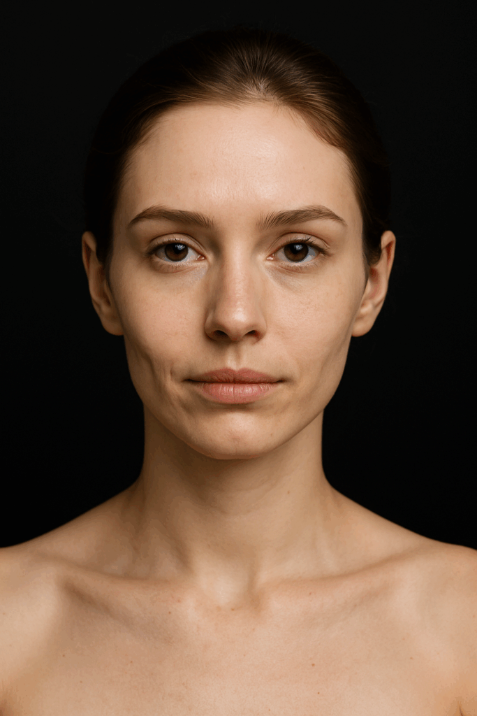 正面を向いた若い女性の顔。自然な表情で、肌の質感や骨格がはっきりとわかる構図。