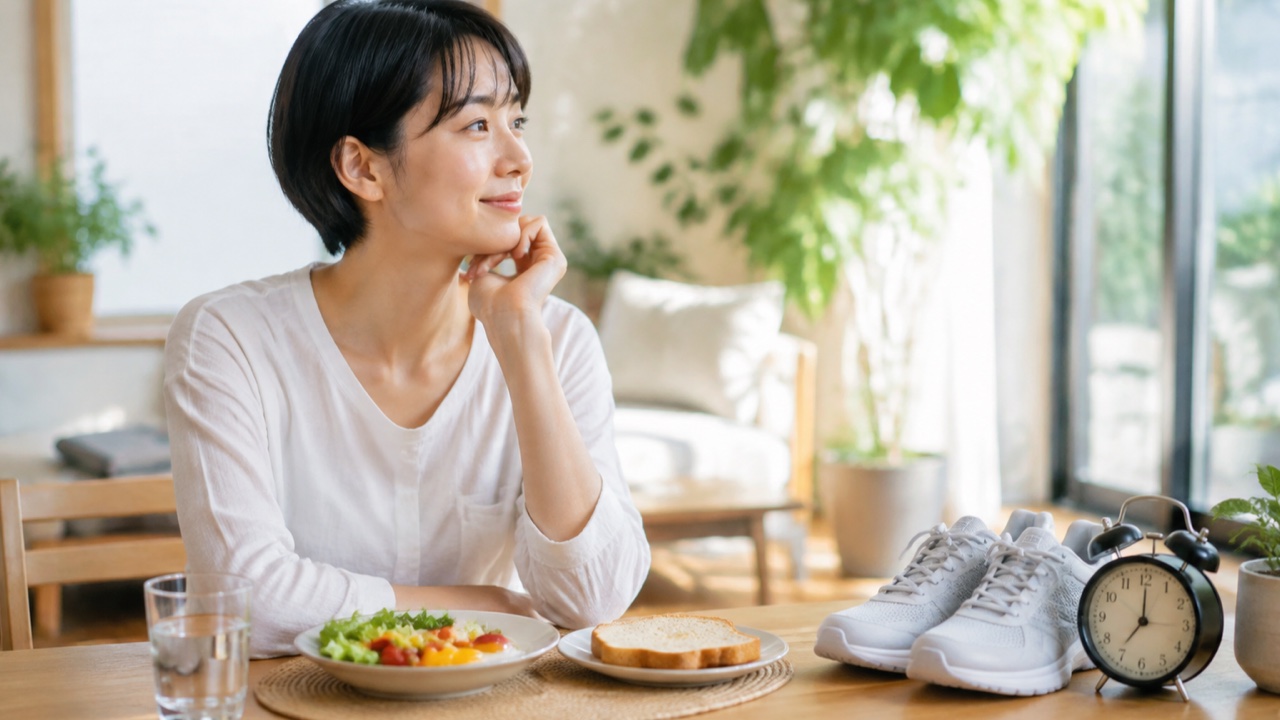 朝食と水と運動靴を前に健康習慣を考える女性