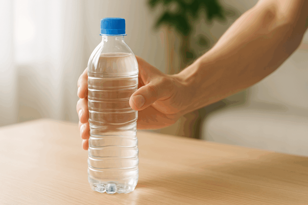 水の入ったペットボトルを持ち上げる手元のクローズアップ