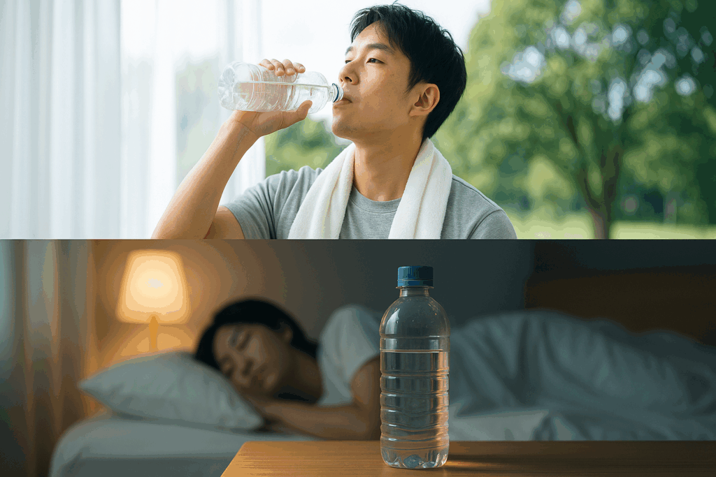 朝に運動後の男性が水を飲む様子と、夜に寝ている女性のそばに置かれたペットボトルの水を対比的に表現した2分割構図の写真。