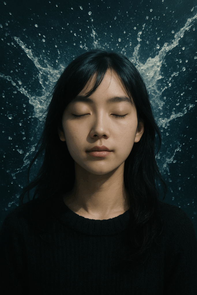 水しぶきを背景に目を閉じる女性のポートレート