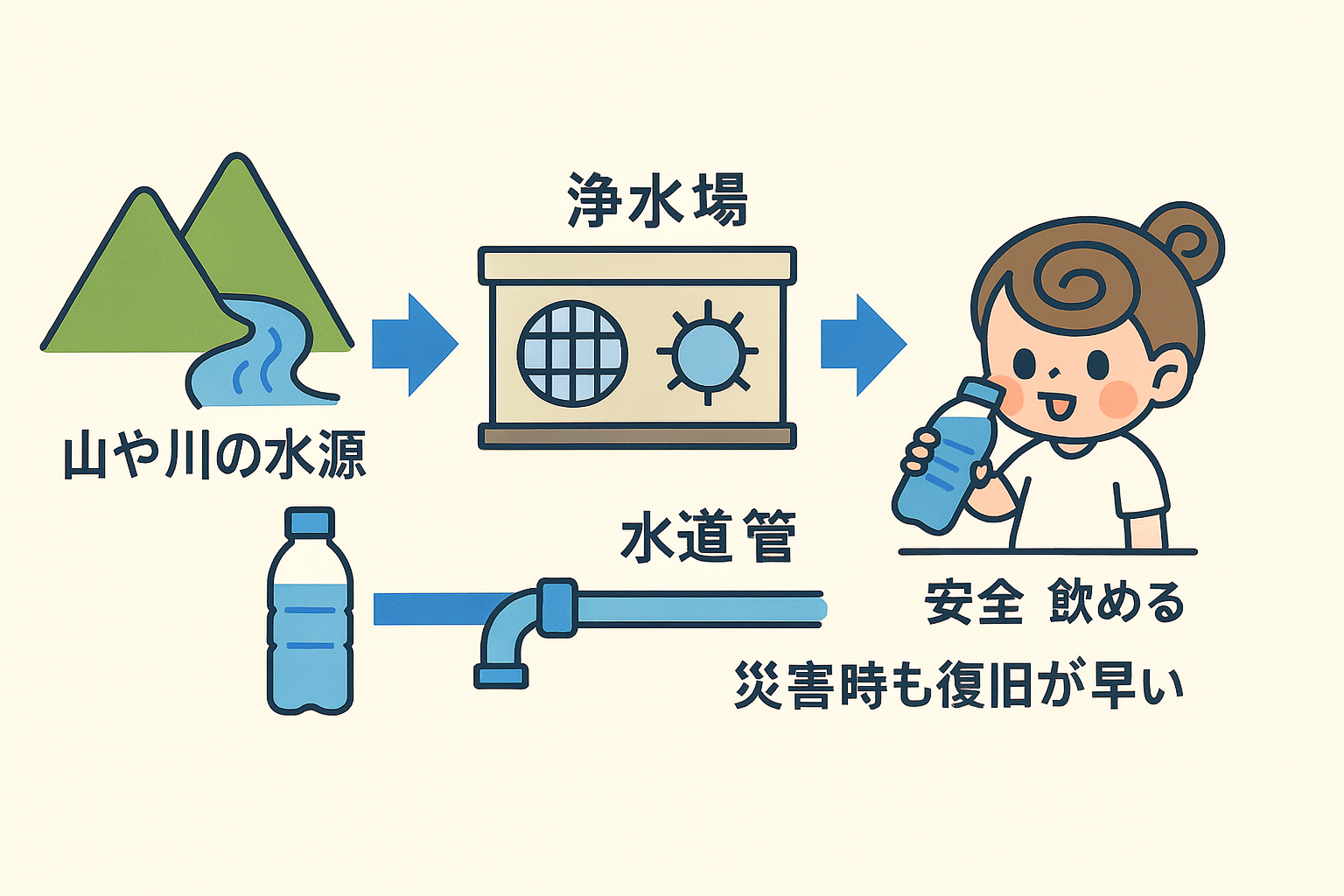 日本の水道水の仕組みを示すイラスト。山や川の水源から浄水場を経て、水道管を通じて安全な飲料水が供給されている様子。女の子が水を飲んでいる。