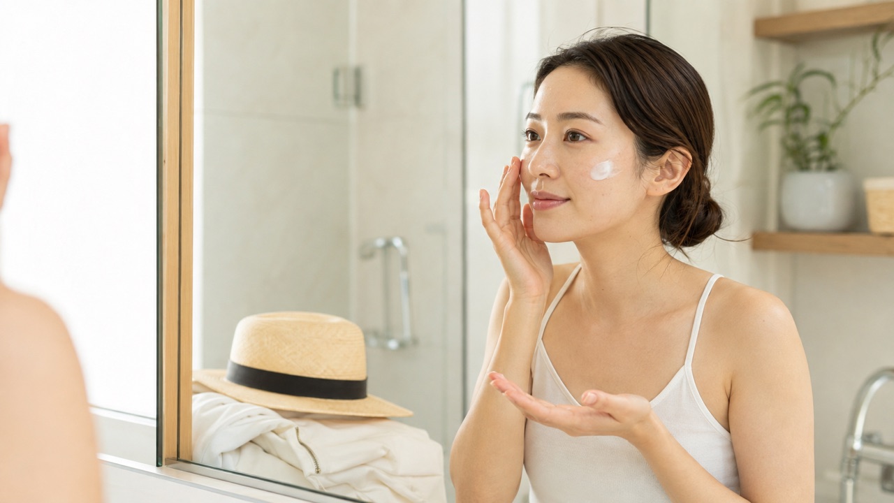 鏡の前で肌に保湿剤をやさしく塗る女性