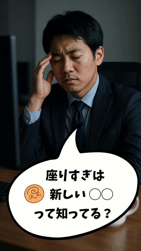 スーツ姿の日本人男性がオフィスで目を閉じ、頭を押さえながら疲れた様子で座っている。画面下には吹き出しがあり、『座りすぎは新しい〇〇って知ってる？』というテキストが書かれている。