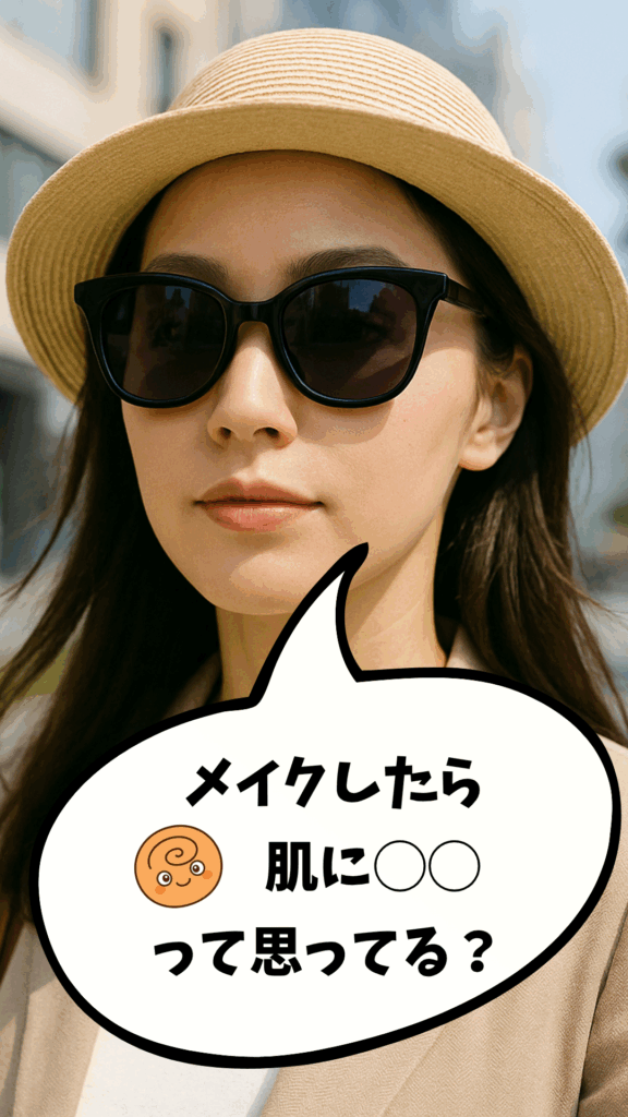 サングラスと帽子を着用した日本人女性が屋外で微笑む様子。「メイクしたら肌に〇〇って思ってる？」という吹き出しがある美容雑学ショート動画用の画像。