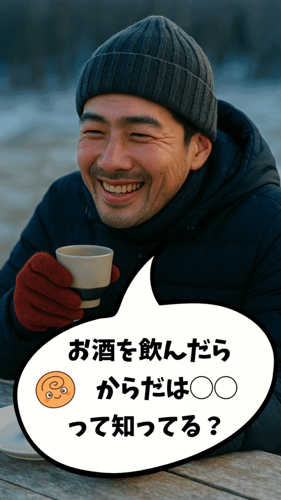 お酒を飲むと体が温まるという誤解に関する健康雑学のショート動画。冬の屋外で笑顔の男性が温かい飲み物を手にしている様子と、「お酒を飲んだらからだは○○って知ってる？」という吹き出しテキスト。