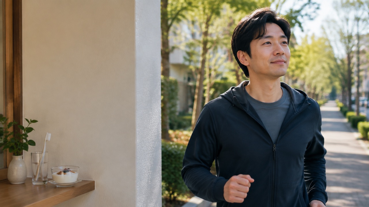鼻呼吸と歩行など毎日の健康習慣を実践する男性