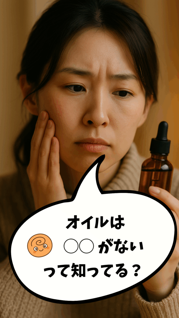 美容オイルの瓶を持ちながら、顔を手で押さえて少し不安そうな表情をする日本人女性。
