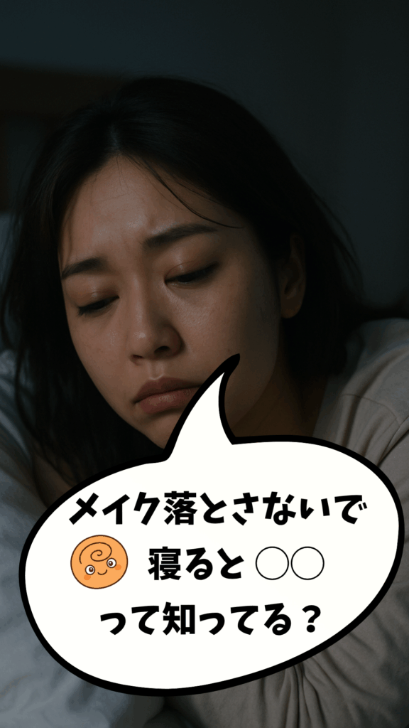 眠そうな表情の日本人女性がメイクを落とさずに寝ようとしている様子。画像の下部には吹き出しで『メイク落とさないで寝ると〇〇って知ってる？』というテキストが表示されている。