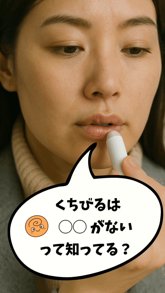 リップクリームを唇に塗る女性と、吹き出しに「くちびるは〇〇がないって知ってる？」と書かれたイラスト