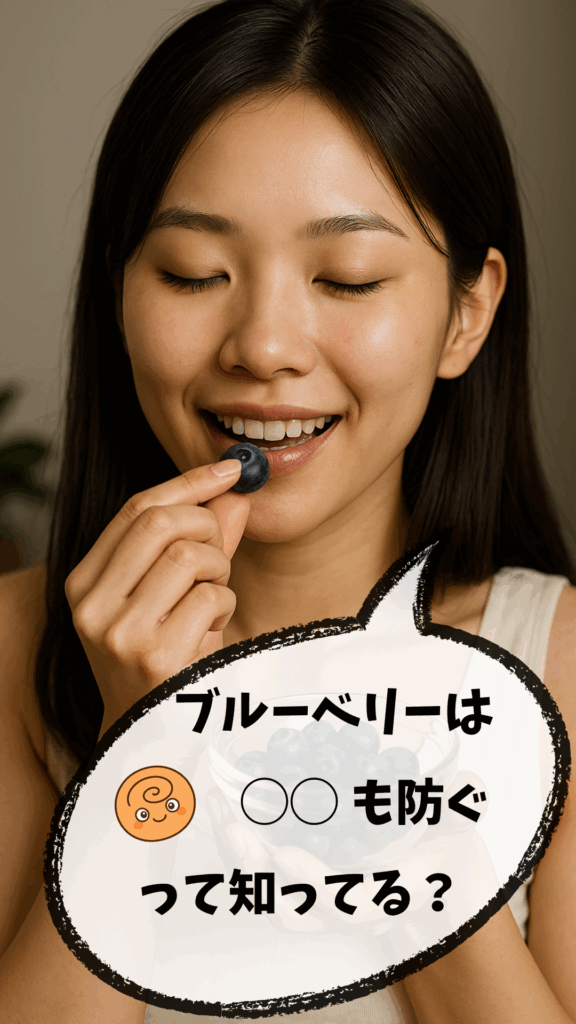 ブルーベリーを手に微笑む女性。