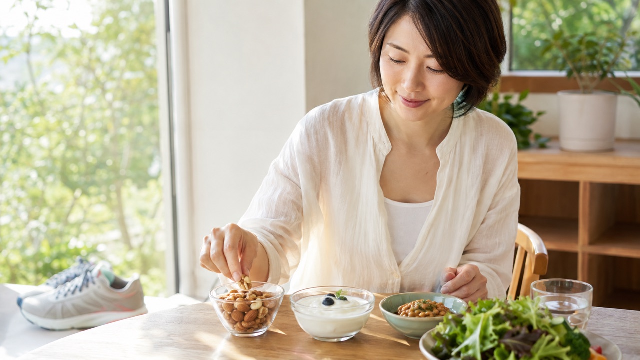 腸活や食べ方、運動など毎日の健康習慣を実践する女性