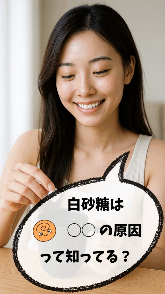 コーヒーに白砂糖を入れる20代女性。