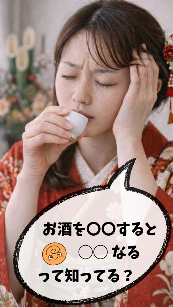 正月にお酒を飲んでいる着物姿の女性。