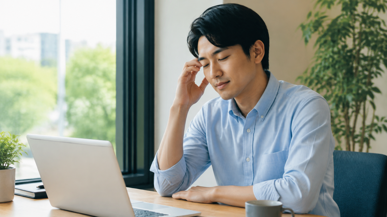 パソコン作業の合間に目を閉じて休憩する男性