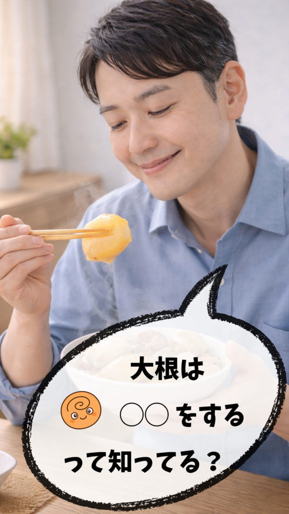 美味しそうなおでんの大根を食べる30代サラリーマン