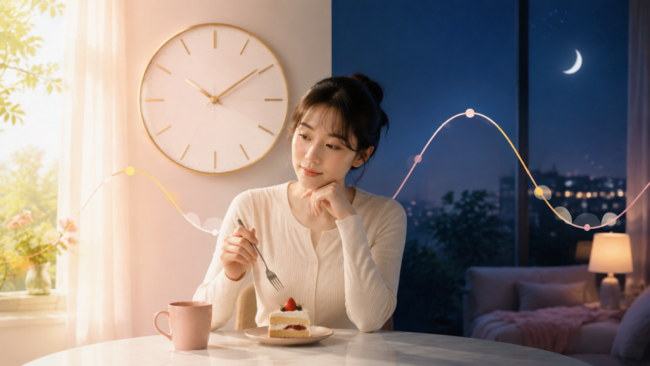 昼と夜の時間帯を背景にスイーツを食べる時間を考える女性