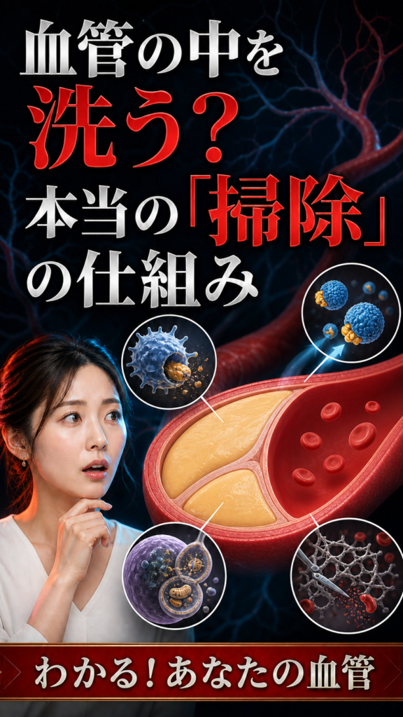 「血管の中を洗う？」の文字と血管内の掃除をイメージした縦型サムネイル
