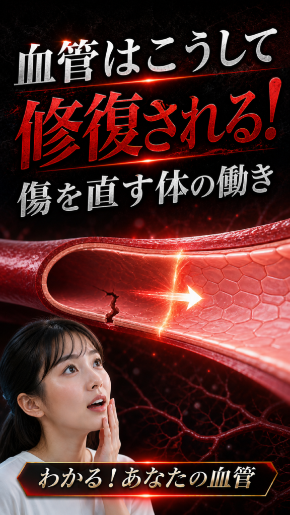 「血管はこうして修復される！」の文字と、傷ついた血管内皮が塞がる様子を描いたサムネイル