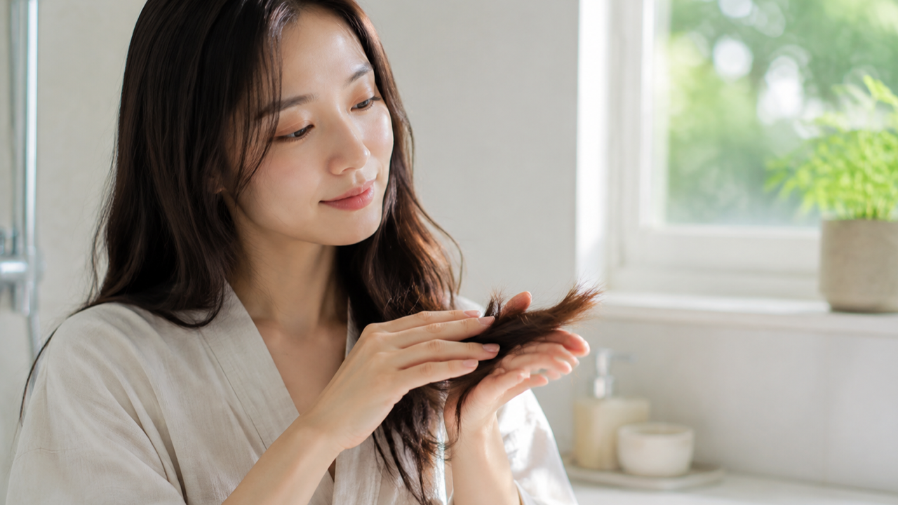 アルガンオイルを髪の乾燥した毛先へ少量なじませる女性