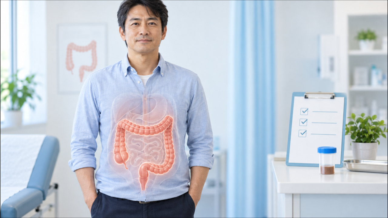大腸の位置を透過図で示し、便潜血検査と大腸がん検診を表した医療イメージ
