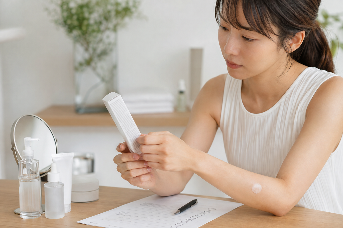 化粧品の全成分表示を確認しながらパッチテストをする女性