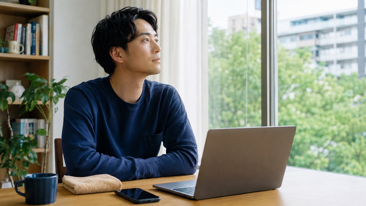 パソコン作業を休み窓の外を見て目を休める男性