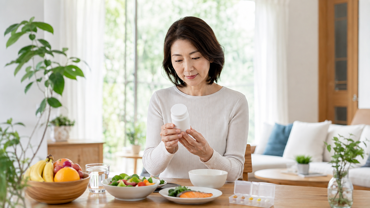 サプリメントの表示を確認しながらバランスのよい食事をとる女性