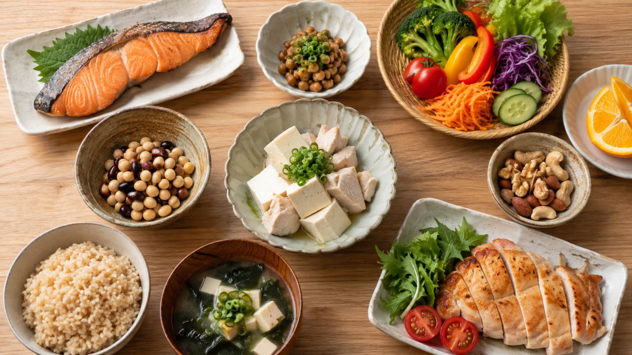 魚、鶏肉、豆、玄米、ナッツ、果物を組み合わせた食事