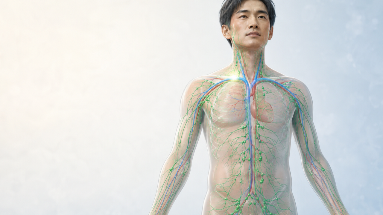 人体のリンパ管を緑、血管を赤と青で示し、鎖骨付近でリンパが血液へ戻る流れを表した医療イメージ