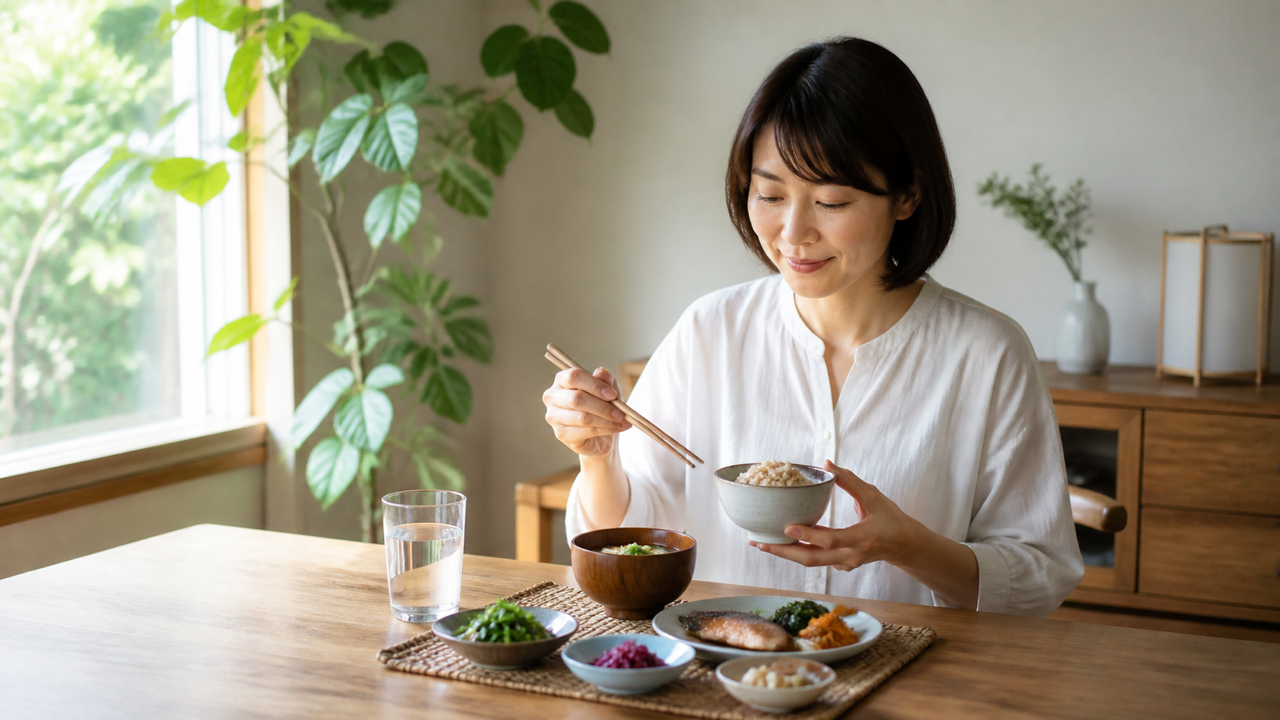 野菜や発酵食品を含む朝食を楽しむ女性の腸活習慣