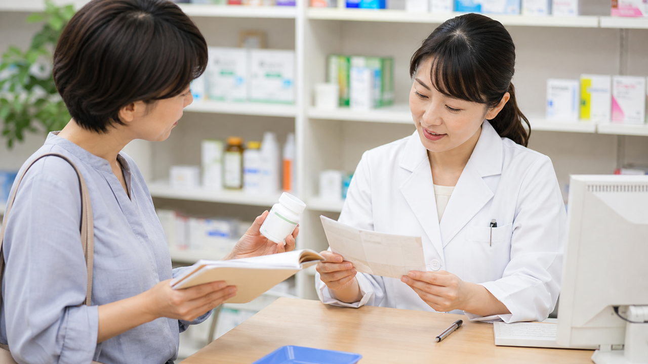 薬とサプリメントの飲み合わせを薬剤師へ相談する女性